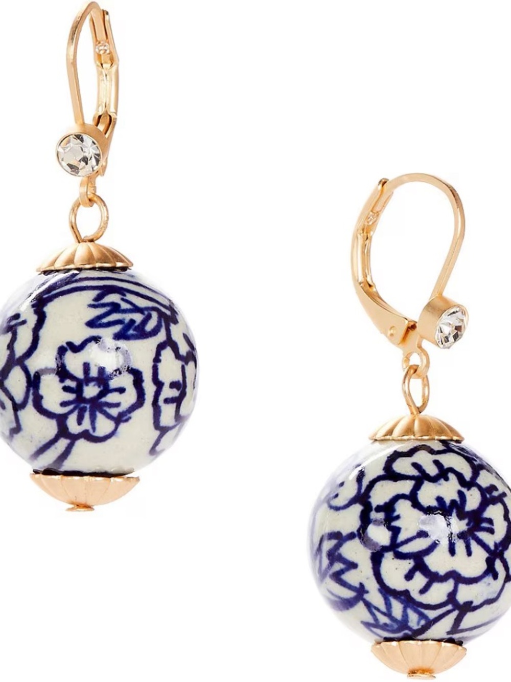 Blue Floral Print Ceramic Bead Drop Earrings